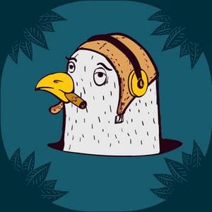 Illustration d'un oiseau en forme de sac avec casque et cigare.