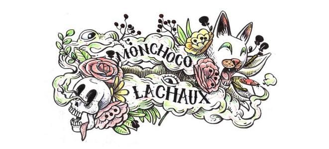 Titre : Dessin abstrait avec crâne, chien et texte 'Monchoco Lachaux'.