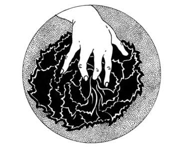 Illustration en noir et blanc d'une main sur des motifs circulaires.