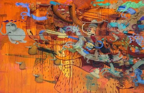 Peinture abstraite colorée avec éléments de faune
