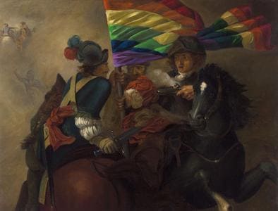 Scène de bataille avec cavaliers et drapeau coloré