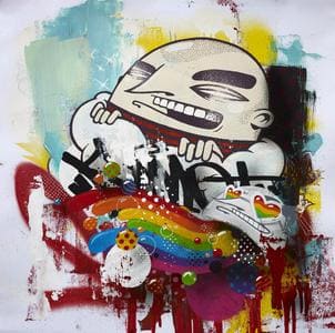Peinture street art colorée avec personnage souriant et graffiti