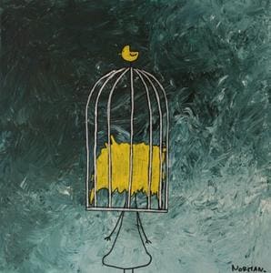 Peinture oiseau lunaire en cage sur fond bleu-vert.