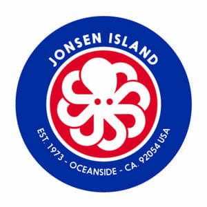Logo rond bleu Jonsen Island avec fleur rouge et blanc