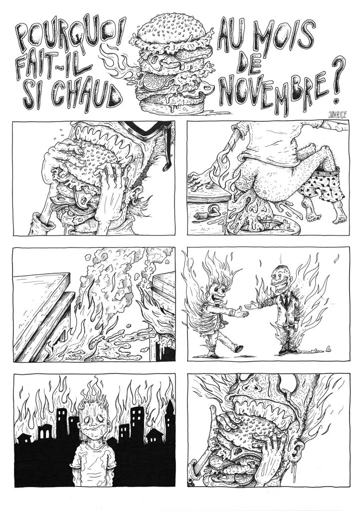 Planche de bande dessinée en noir et blanc montrant diverses scènes de personnages et objets en feu avec une question sur la température en novembre
