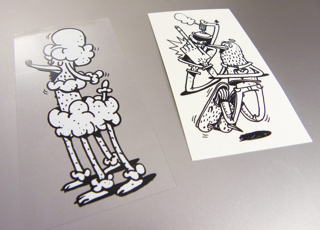 Stickers transparent en sérigraphie noir et blanc en noir et blanc avec illustrations de chien en cartoon par Alexöne