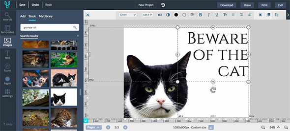 Conception d'un sticker personnalisé aperçu d'autocollant personnalisé avec texte 'BEWARE OF THE CAT' et image de chat dans un logiciel d'impression d'autocollants