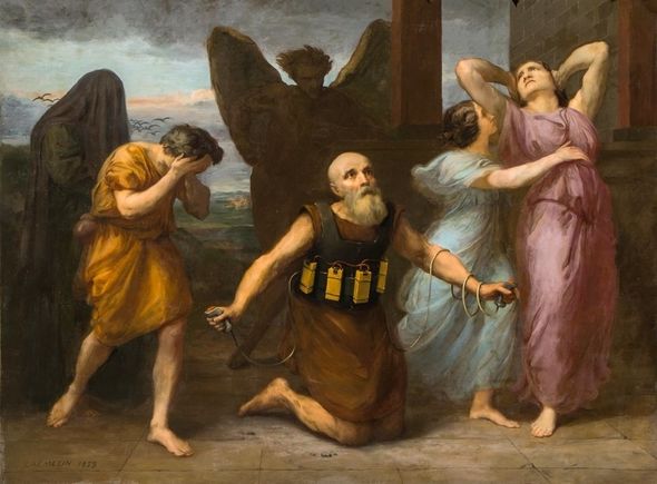 Peinture classique représentant quatre personnages, dont un ange et trois humains exprimant diverses émotions