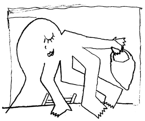 Illustration esquisse simplifiée en noir et blanc d'une créature stylisée