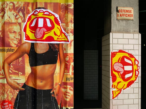Bouche rouge avec langue pendante collé sur un mur publicitaire par l'artiste Tabas