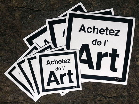 Pile d'autocollants noir et blanc personnalisés avec logo 'Achetez de l'Art'