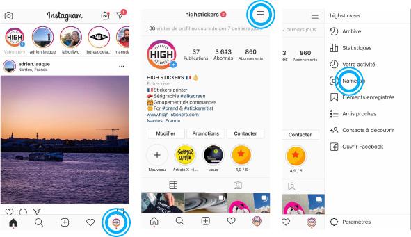 Capture d'écran du profil Instagram de High Stickers offrant des services d'impression de stickers personnalisés avec des exemples de produits