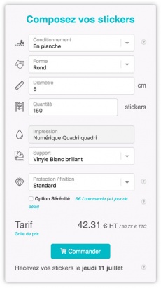 Interface de commande pour impression de stickers personnalisés avec options et tarif des stickers en ligne