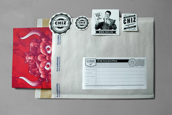 Enveloppe avec le magazine Chiz er quelques stickers ronds er rectangulaires imprimés par High Stickers