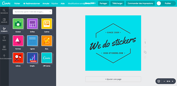 Capture d'écran d'une création de Stickers Personnalisés Interface utilisateur de conception d'autocollants personnalisés 'We do stickers' sur High Stickers