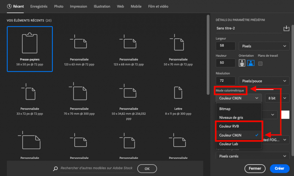 Interface utilisateur d'impression de stickers personnalisés avec options de configuration colorimétrique CMJN et RVB