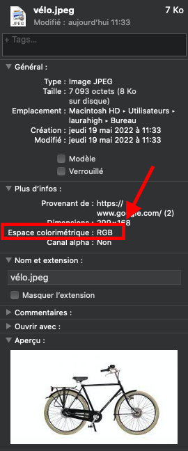 Capture d'écran pour obtenir le profil colorimétrique d'une photo, exemple avec un vélo pour