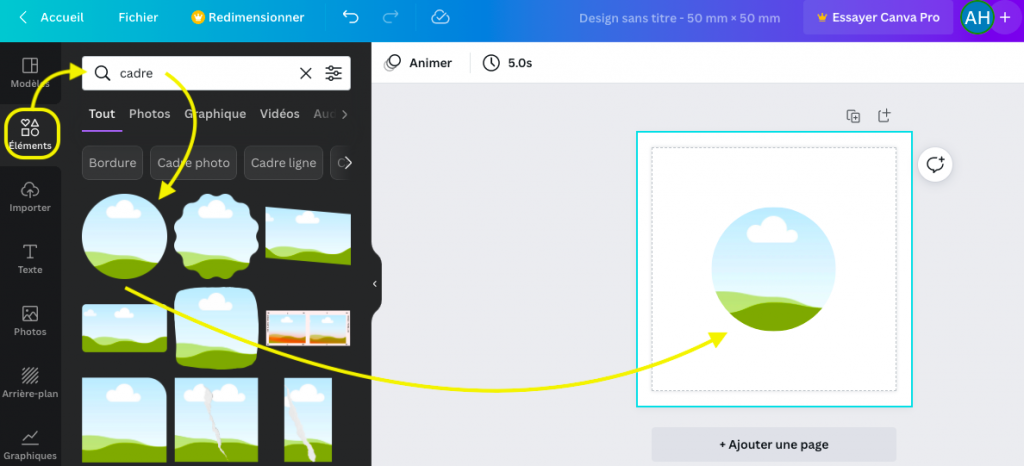 navigation pour sélectionner une forme ronde dans l'interface