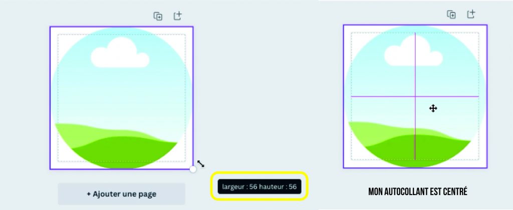 affichage des repères de centrage de l'image ronde de l'autocollant dans l'interface de canva