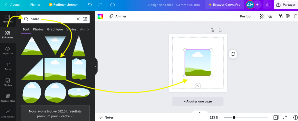 navigation pour sélectionner une forme de stickers carrés ou rectangulaires