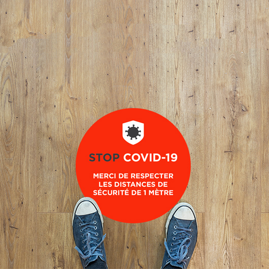 Sticker de Sol Stop Covid-19 1 Autocollant coronavirus Gestes barrières Jattends Ici Diam 300mm 