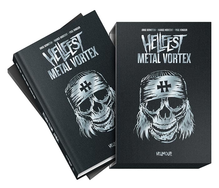 Deux couverture de livre et leur étuis représentant un crâne graphique avec le texte 'HELLFEST METAL VORTEX' par les éditions de bandes dessinées Rouquemoute